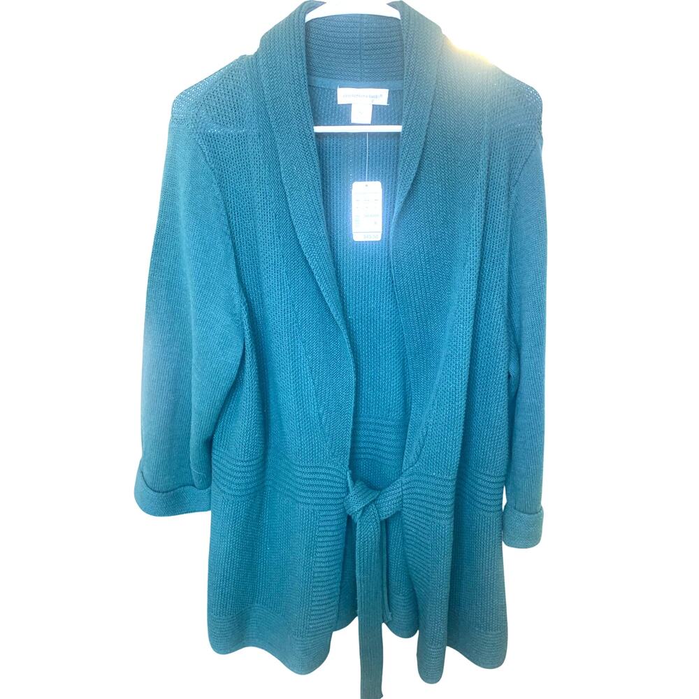 Christopher & Banks Long Open Front Sweater XL Womens Green Belt Knit Collar NEW
